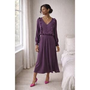 Garnet Hill Purple Ruffle Crepe Midi Dress Cinched Waist Long Sleeve Boho Med